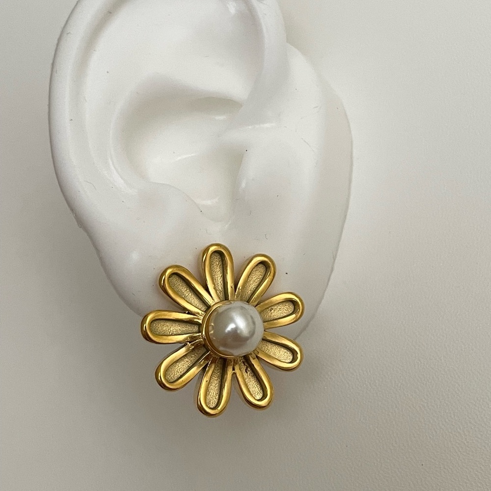 Gold Flower Stainless Steel Earrings with Pearl Center